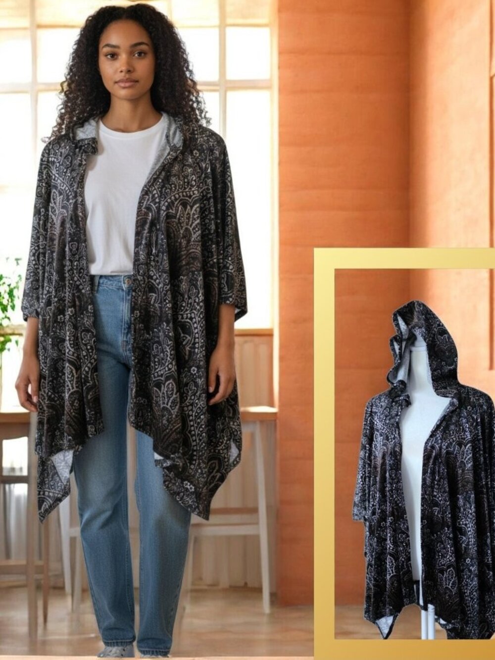 NWT EARTHBOUND (0SFA) Hooded Velvet Poncho or overlay